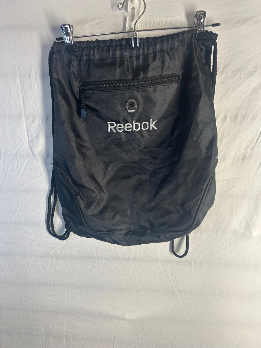 Reebok Black Drawstring Backpack with Front Zip Pocket
